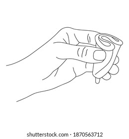 Illustration of a hand holding a menstrual Cup. Eco friendly option for replacing pads and tampons. An environmentally friendly alternative. Feminine hygiene. Black and white drawing in linear style