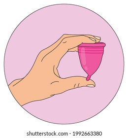Illustration of a hand holding a menstrual Cup. Eco friendly option for replacing pads and tampons. An environmentally friendly alternative. Feminine hygiene. Colorized line drawing in a circle