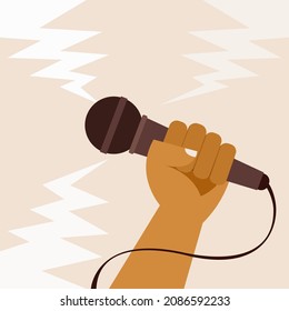 Illustration of a hand holding a microphone. Concept for freedom of speech