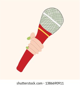 Illustration of a hand holding a microphone. Isolated on light background. Poster, flyer, banner illustrations. Vector