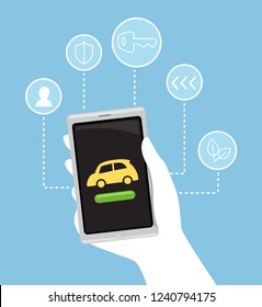 Illustration of a Hand Holding a Mobile Phone Using an App for Renting a Car or Calling a Cab