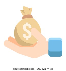 illustration of a hand holding a money bag. isolated on a white background. suitable for business themes, finance, work from home etc. cartoon style flat vector.