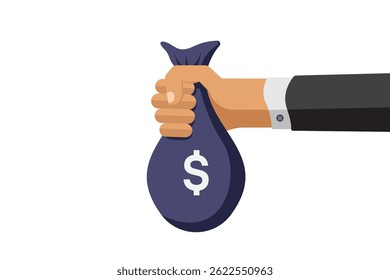 Illustration of a businessman’s hand holding a money bag with a dollar symbol, representing wealth, earnings, and finance concepts, perfect for investment, corporate, and economic illustrations.
