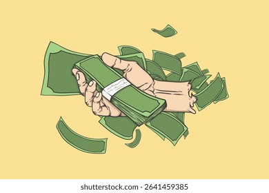 illustration of hand holding money on scattered money background