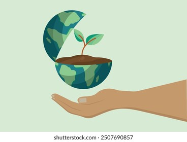 Ilustración de una mano sosteniendo una Tierra abierta con una planta brotando, simbolizando el crecimiento ambiental y la sostenibilidad.