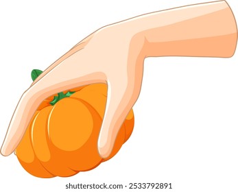 Illustration of a hand holding an orange pumpkin