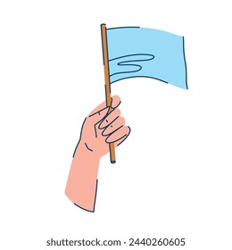 Illustration of a hand holding a pale blue small flag in flat style Fan pride or protest concept