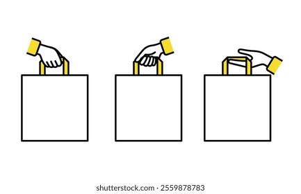 Illustration of a hand holding a paper bag for use as title space for sales promotions, etc.