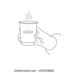 illustration of a hand holding a paper cup with coffee to go