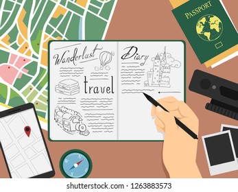 Illustration of a Hand Holding a Pen Writing and Drawing Doodles on a Travel Journal