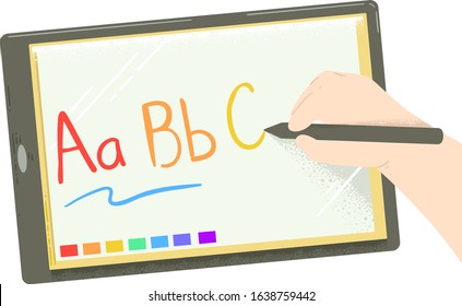 Illustration of a Hand Holding a Pen and Writing ABC on a Tablet App