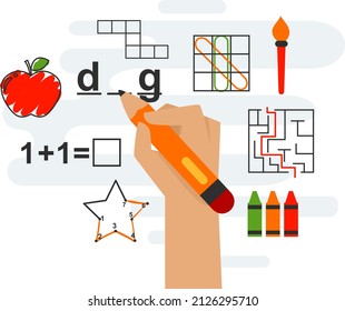 Illustration Of A Hand Holding Pencil Answering Puzzle, Maze And Math Workbook With Apple, Paint Brush, And Crayons