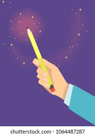 Illustration of a Hand Holding a Pencil like a Wand. Creative Writing Concept