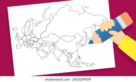 Illustration of a hand holding a pencil and a map of Eurasia