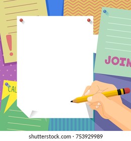 Illustration of a Hand Holding a Pencil Signing a Blank Club Poster at School