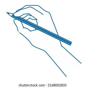 Illustration of a hand holding a pencil,upper, line drawing, blue.