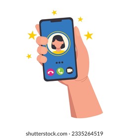 Illustration of a hand holding a phone with an incoming call. Talk on the phone, video call, cancel the call. Vector graphic.