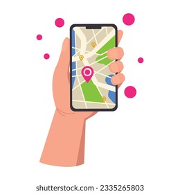 Illustration of a hand holding a phone with an open card. Get, find, location. Vector graphic.