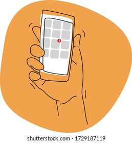 Illustration Of A Hand Holding A Phone Or A Smartphone With The Icons Visible On The Screen, One Has A New Notification Pop Up Visible. New Message Or Missed Call. Cartoon Style Simple Vector