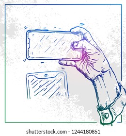 Illustration of Hand holding a phone and take selfie