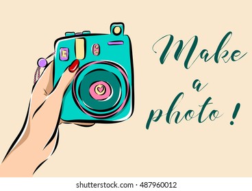 Illustration of hand holding a photo camera.