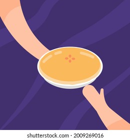 illustration of a hand holding a pie. give or share a cake with others. thanksgiving cake. flat cartoon style. food vector design