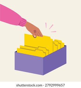 illustration of a hand holding a piece of folder from the box, Finding a file from stack of folders.