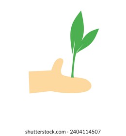 illustration of a hand holding a plant on a white background