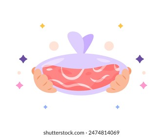 illustration of a hand holding a plastic bag of sacrificial meat. distributing sacrificial meat. receive sacrificial meat. tradition. Eid al-Adha. illustration concept design. graphic elements