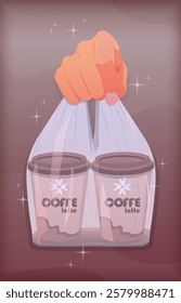 Illustration of a hand holding a plastic bag with two takeaway coffee cups, symbolizing convenience, caffeine boost, and morning energy on the go