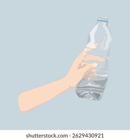 Illustration of a hand holding a plastic bottle. The hand grips the bottle firmly. The plastic bottle is clear, showing a realistic depiction of a plastic bottle. Aesthetic vector illustration.