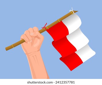 Illustration of a hand holding the Polish flag. Hand carrying the Polish flag illustration isolated on blue background. Poland flag in hand icon.