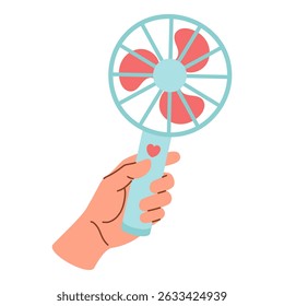 Ilustração de mão segurando ventilador portátil, elemento de design colorido de verão. Isolado sobre fundo branco
