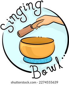 Illustration of Hand Holding Puja Stick in Tibetan Singing Bowl Icon with Words Singing Bowl