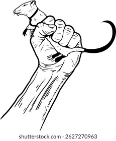 illustration of a hand holding a rat in a tie, meaning we have to eradicate corruptors
