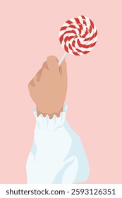 Illustration of a hand holding a red and white lollipop against a pink background. The hand is wearing a white sleeve. Candy, lollipop, hand, pink background. Vector illustration.