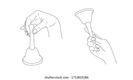 Illustration of hand holding and ringing small bell in two gesture positions, simple realistic line graphic, isolated