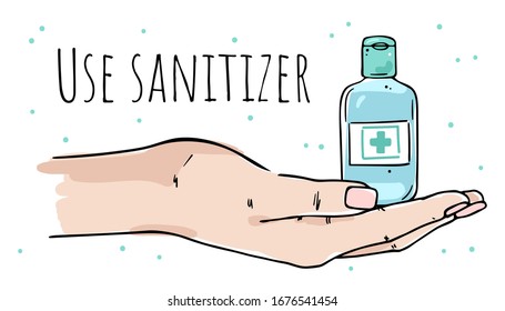 Illustration of a hand holding a sanitizer. Call for the use of a disinfecting gel. Color image on a white background.