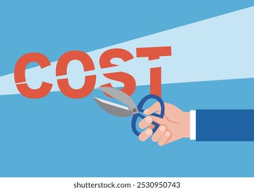 Illustration of a hand holding scissors to reduce costs