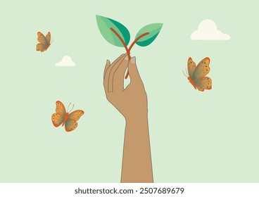 Illustration of a hand holding a seedling surrounded by butterflies, symbolizing growth and nature, with a light green background. Environmental illustration. Sustainable practices