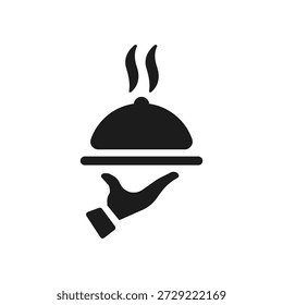 An illustration of a hand holding a serving tray with a steaming dish.