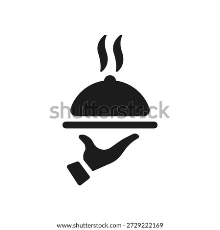 An illustration of a hand holding a serving tray with a steaming dish.