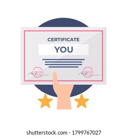 illustration of a hand holding a sheet of certificate paper. get the award. gifts and appreciation. flat design. can be used for elements, landing pages, UI, icons