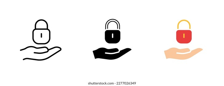 An illustration of a hand holding a shiny metal lock, with the fingers tightly gripping the lock and the keyhole clearly visible. Vector set of icons in line, black and colorful styles isolated.