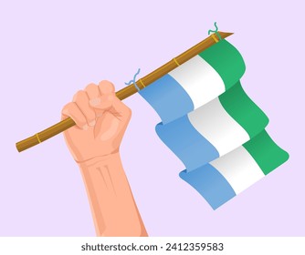 Illustration of a hand holding the Sierra Leonean flag. Hand carrying the Sierra Leonean flag illustration isolated on blue background. Sierra Leona flag in hand icon.