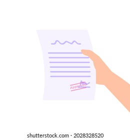 ilustración de una mano que posea una carta de acuerdo o contrato firmada o aprobada. se ha recibido el documento o el símbolo de archivo. estilo de dibujos animados planos. diseño vectorial