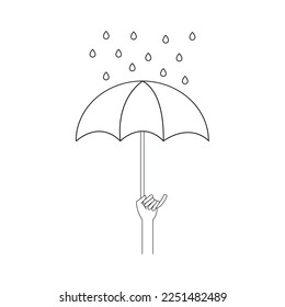 Illustration von Hand, die einen einfachen und linearen Regenschirm im Regen hält. Hand, Regenschirmkons.