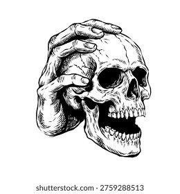 Illustration hand holding skull