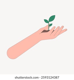 Illustration of a hand holding a small plant. The hand cradles the plant, symbolizing growth and care. The plant in the hand represents nurturing and nature. Vector illustration.
