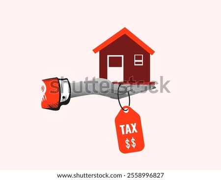 Illustration of a hand holding a small red house with a large price tag. The tag says TAX with dollar signs, representing property tax and housing costs.